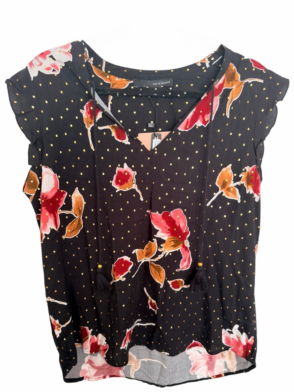 Harve Benard Black Floral Tassel Tie Blouse
